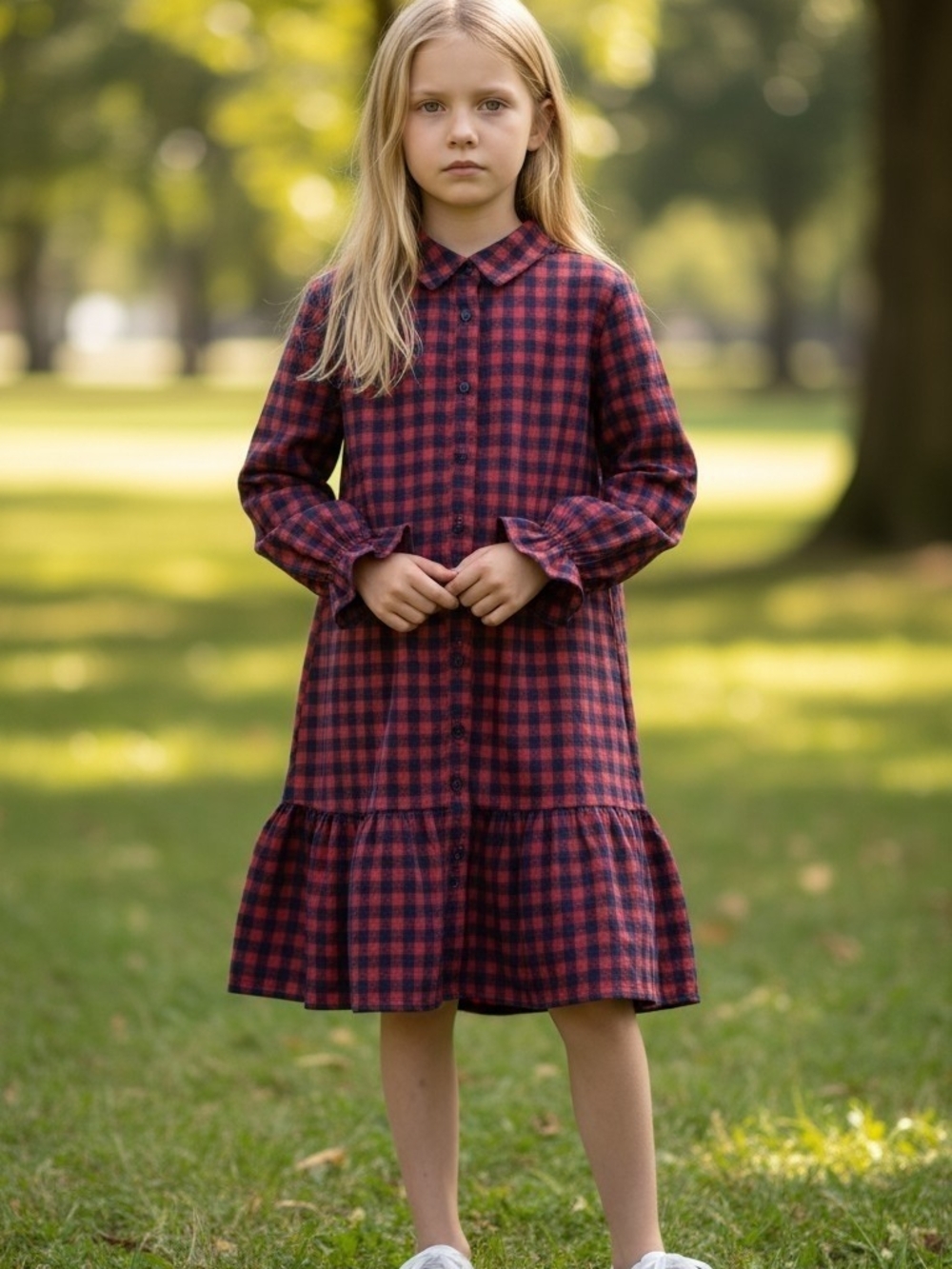 #250 Hayden Red and Navy Blue Plaid Ruffle-Hem Shirt Dress